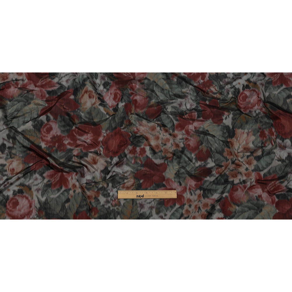 Italian Goth Red, Green and Gray Warp Printed Rose Garden Polyester Faille