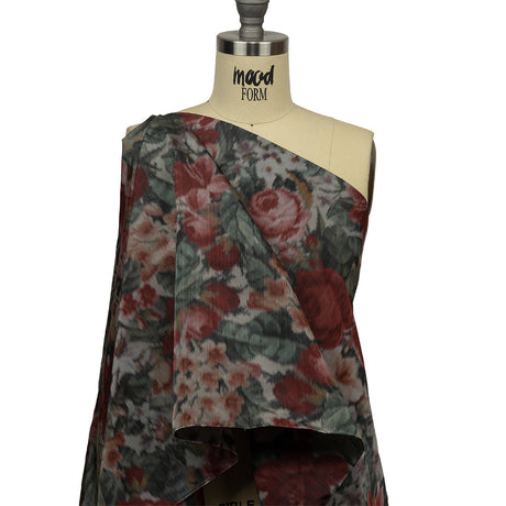 Italian Goth Red, Green and Gray Warp Printed Rose Garden Polyester Faille