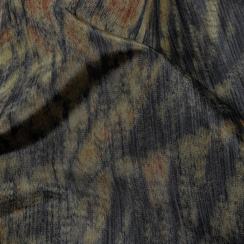 Italian Olive, Orange and Black Abstract Warp Printed Polyester Faille