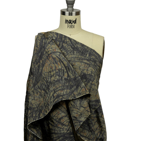 Italian Olive, Orange and Black Abstract Warp Printed Polyester Faille