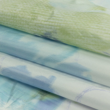 Italian Sky, Lime and Barely Blue Watercolor Flowers Warp Printed Polyester Faille