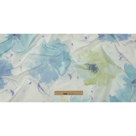 Italian Sky, Lime and Barely Blue Watercolor Flowers Warp Printed Polyester Faille