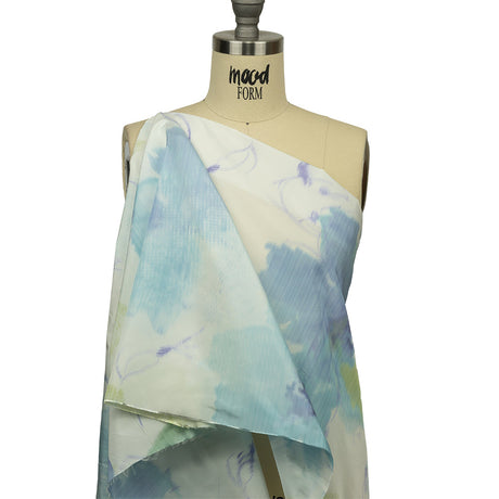 Italian Sky, Lime and Barely Blue Watercolor Flowers Warp Printed Polyester Faille
