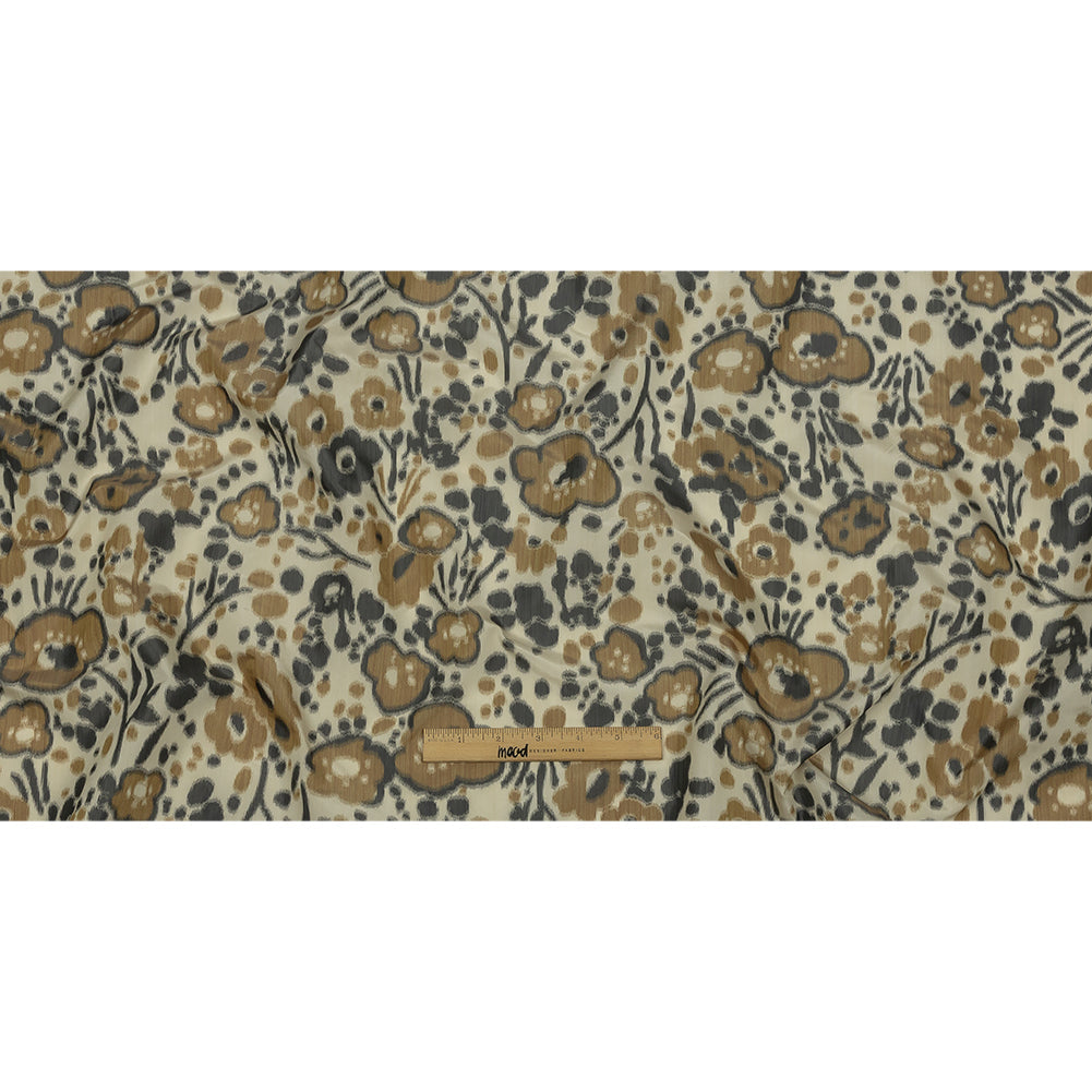 Italian Tan, Beige and Basalt Floral Warp Printed Polyester Faille