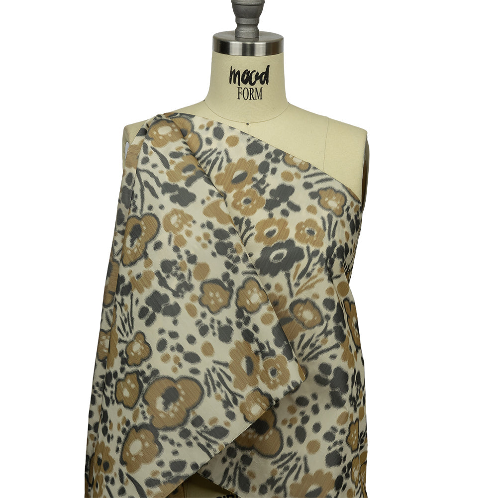 Italian Tan, Beige and Basalt Floral Warp Printed Polyester Faille