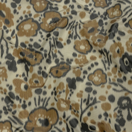 Italian Tan, Beige and Basalt Floral Warp Printed Polyester Faille