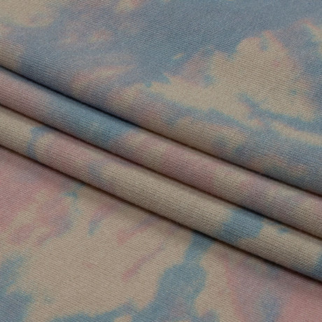 Beige, Blue and Pink Tie Dye Stretch Polyester and Rayon French Terry