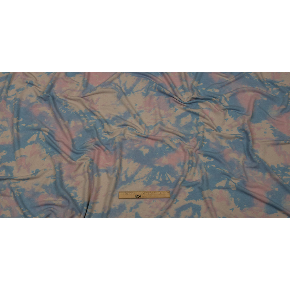 Beige, Blue and Pink Tie Dye Stretch Polyester and Rayon French Terry