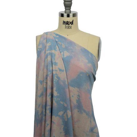 Beige, Blue and Pink Tie Dye Stretch Polyester and Rayon French Terry