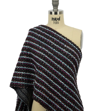 Navy, Sky Blue and Red Violet Striped Boucle Chunky Wool Sweater Knit