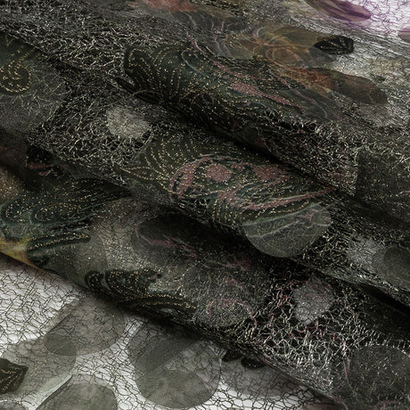 Olive, Purple and Gold Flowers and Leaves Printed Metallic Webbing with Organza Circle Appliques