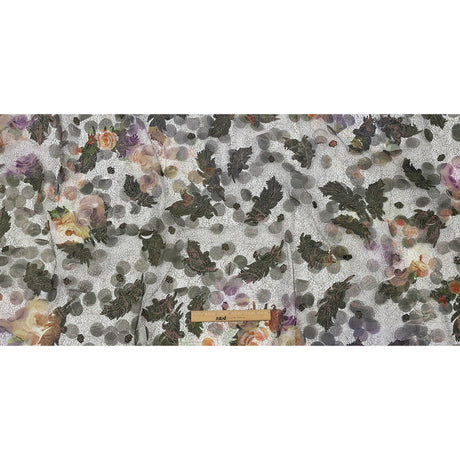 Olive, Purple and Gold Flowers and Leaves Printed Metallic Webbing with Organza Circle Appliques