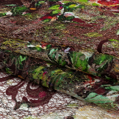 Green and Magenta Rose Garden Printed Metallic Webbing