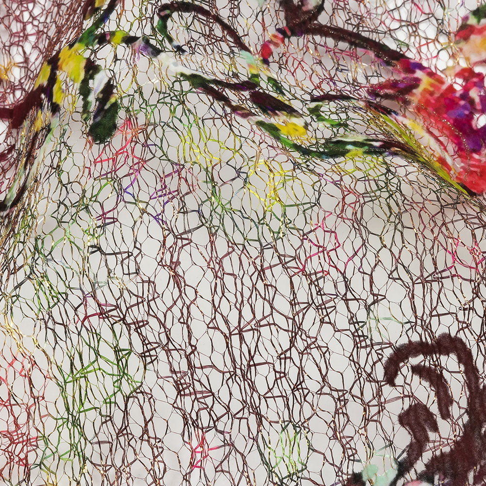 Green and Magenta Rose Garden Printed Metallic Webbing