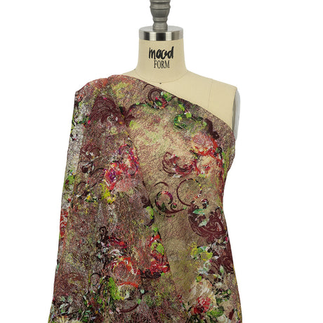 Green and Magenta Rose Garden Printed Metallic Webbing