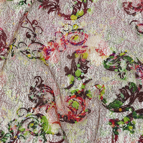 Green and Magenta Rose Garden Printed Metallic Webbing