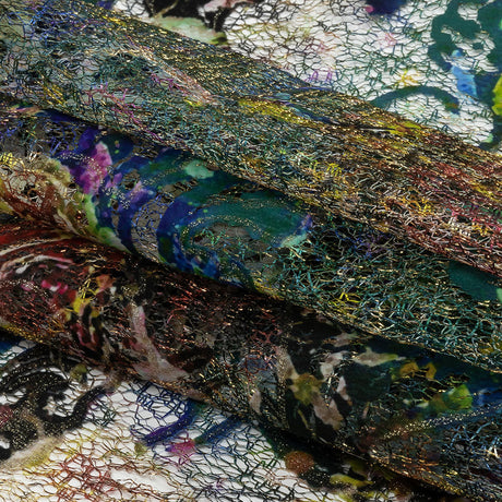 Teal and Maroon Rose Garden Printed Metallic Webbing