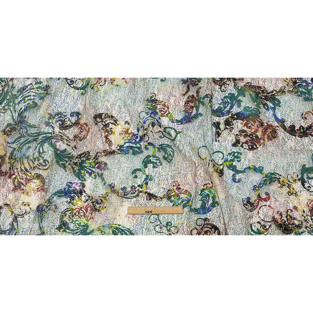 Teal and Maroon Rose Garden Printed Metallic Webbing