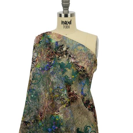 Teal and Maroon Rose Garden Printed Metallic Webbing