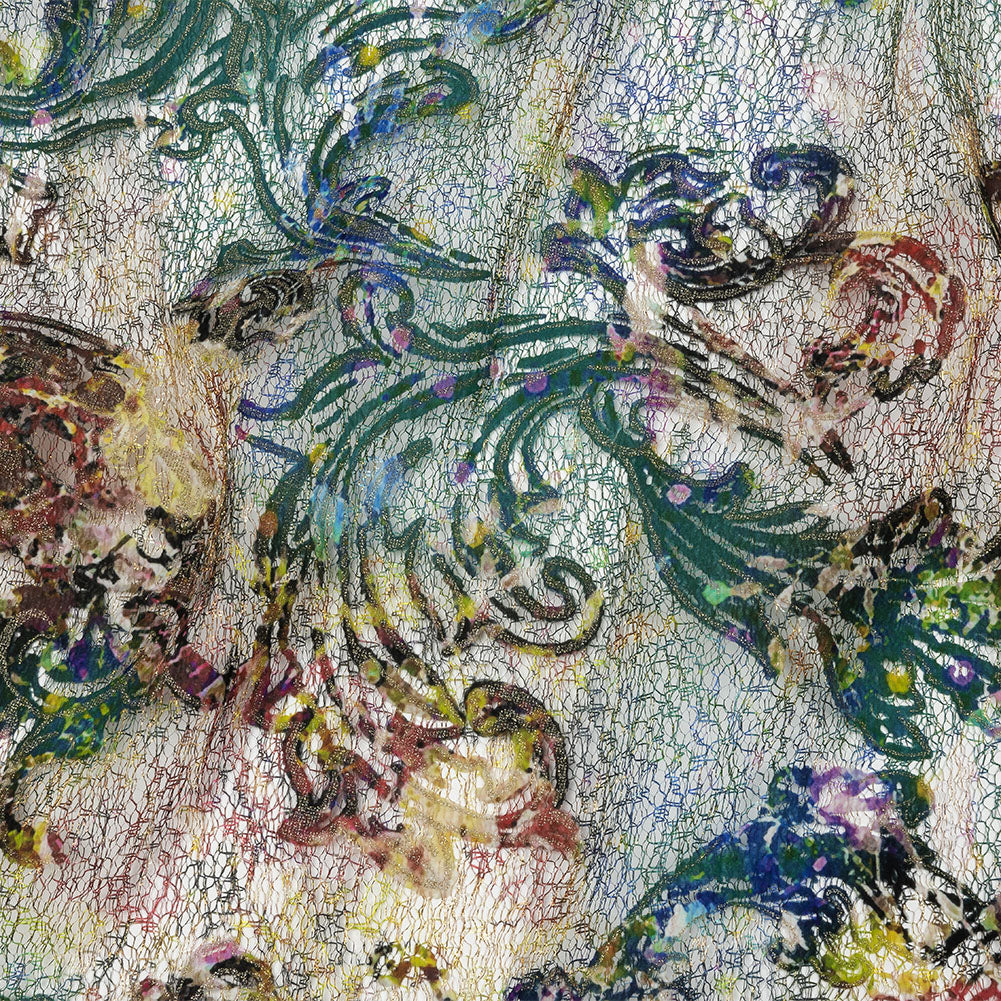 Teal and Maroon Rose Garden Printed Metallic Webbing