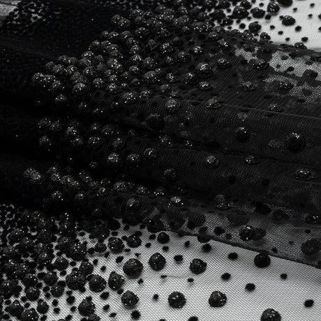 Flocked Puffy Glitter Tulle - Black Abstract Stripes