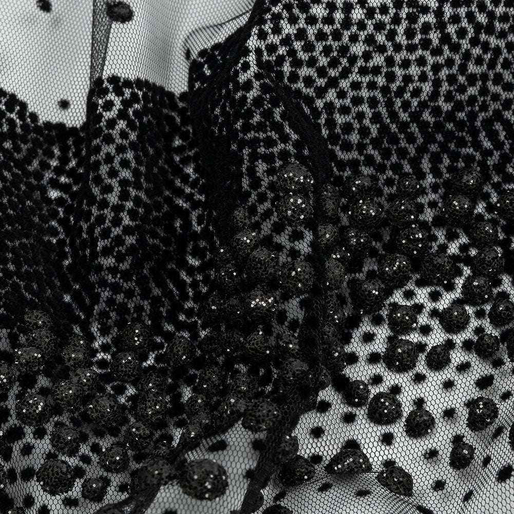 Flocked Puffy Glitter Tulle - Black Abstract Stripes