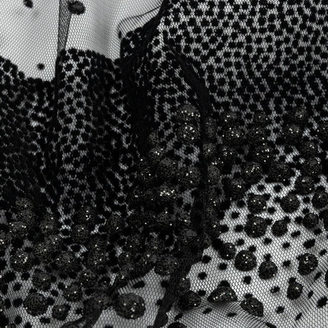 Flocked Puffy Glitter Tulle - Black Abstract Stripes