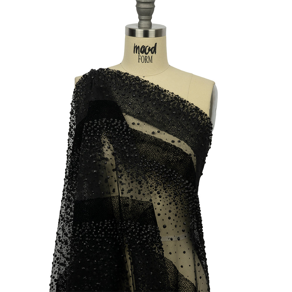 Flocked Puffy Glitter Tulle - Black Abstract Stripes