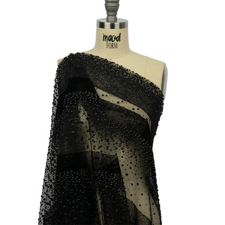Flocked Puffy Glitter Tulle - Black Abstract Stripes