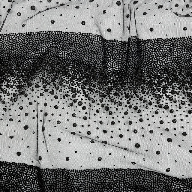 Flocked Puffy Glitter Tulle - Black Abstract Stripes