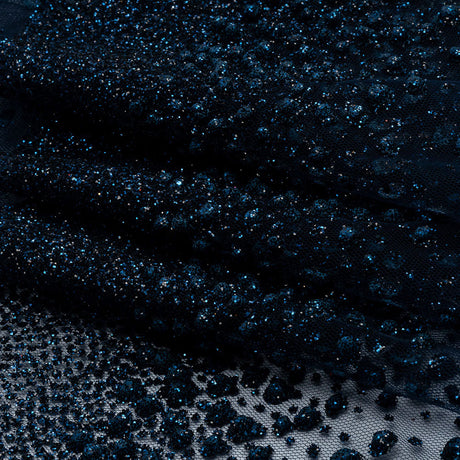 Flocked Puffy Glitter Tulle - Navy Abstract Stripes