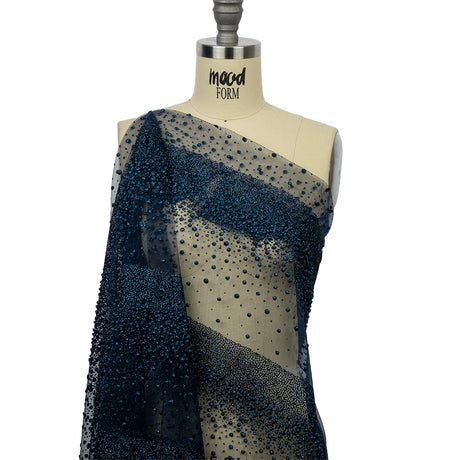 Flocked Puffy Glitter Tulle - Navy Abstract Stripes