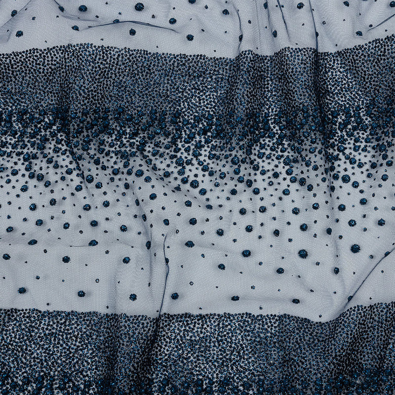 Flocked Puffy Glitter Tulle - Navy Abstract Stripes