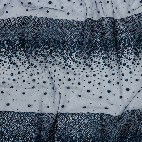 Flocked Puffy Glitter Tulle - Navy Abstract Stripes