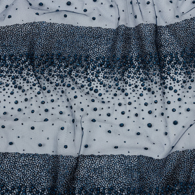 Flocked Puffy Glitter Tulle - Navy Abstract Stripes