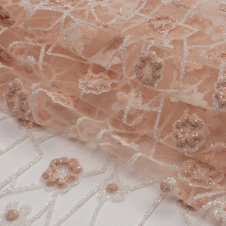 3D Puffy Glitter Tulle - Powder Pink and White Flowers and Geometric Stems