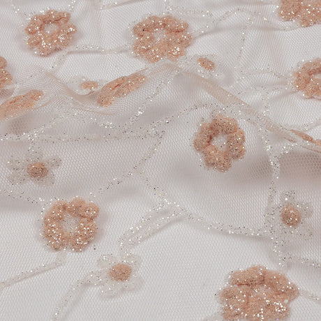 3D Puffy Glitter Tulle - Powder Pink and White Flowers and Geometric Stems