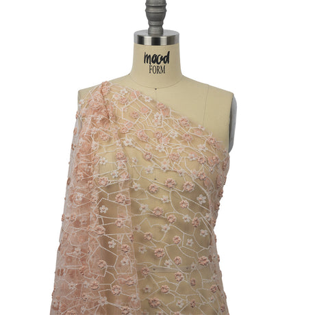 3D Puffy Glitter Tulle - Powder Pink and White Flowers and Geometric Stems