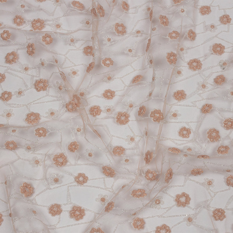 3D Puffy Glitter Tulle - Powder Pink and White Flowers and Geometric Stems