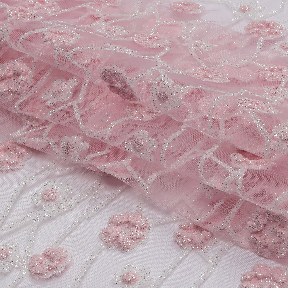 3D Puffy Glitter Tulle - Baby Pink and White Flowers and Geometric Stems