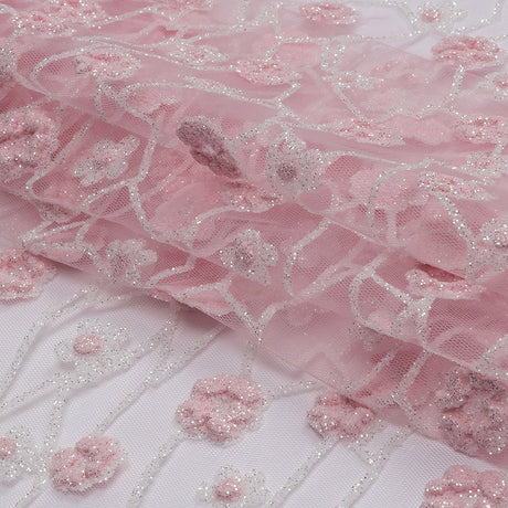 3D Puffy Glitter Tulle - Baby Pink and White Flowers and Geometric Stems