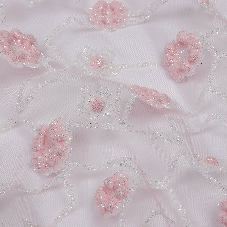 3D Puffy Glitter Tulle - Baby Pink and White Flowers and Geometric Stems