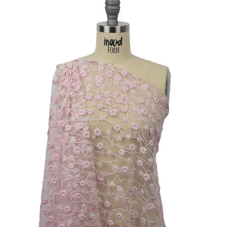 3D Puffy Glitter Tulle - Baby Pink and White Flowers and Geometric Stems