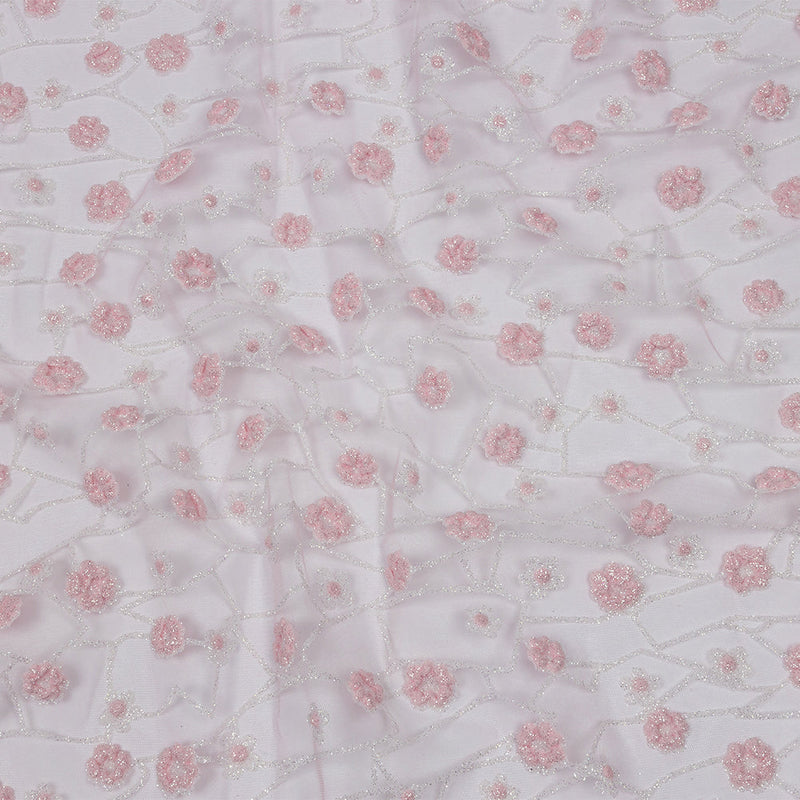3D Puffy Glitter Tulle - Baby Pink and White Flowers and Geometric Stems