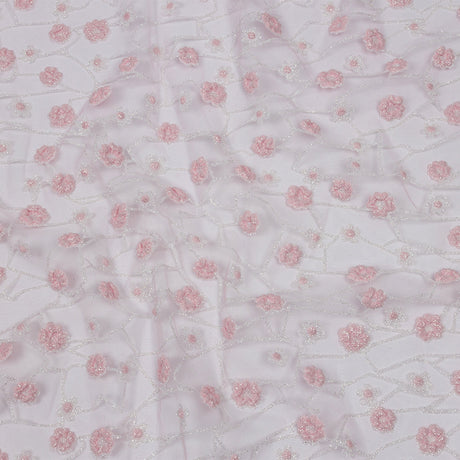 3D Puffy Glitter Tulle - Baby Pink and White Flowers and Geometric Stems