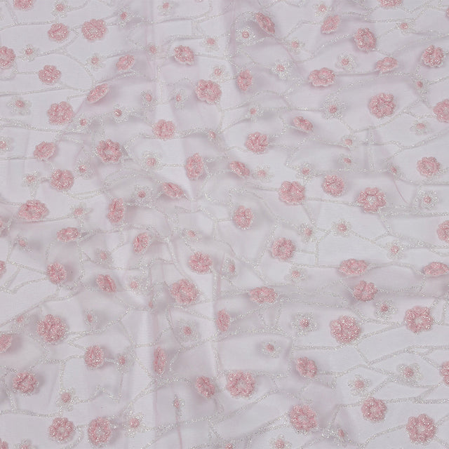 3D Puffy Glitter Tulle - Baby Pink and White Flowers and Geometric Stems