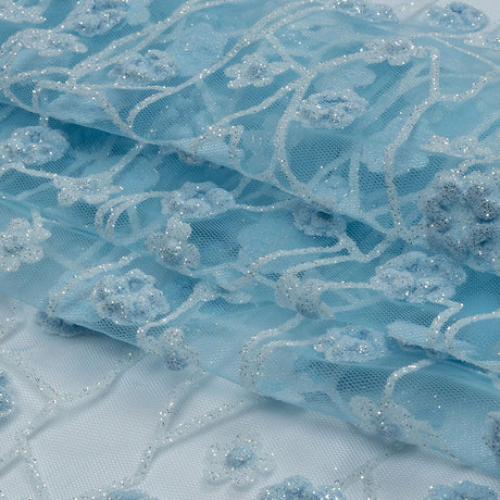 3D Puffy Glitter Tulle - Baby Blue and White Flowers and Geometric Stems