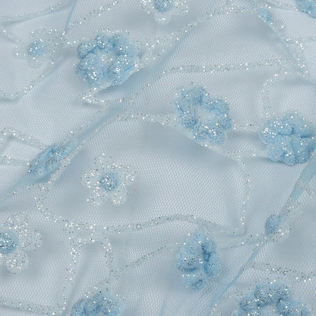 3D Puffy Glitter Tulle - Baby Blue and White Flowers and Geometric Stems