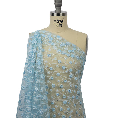 3D Puffy Glitter Tulle - Baby Blue and White Flowers and Geometric Stems