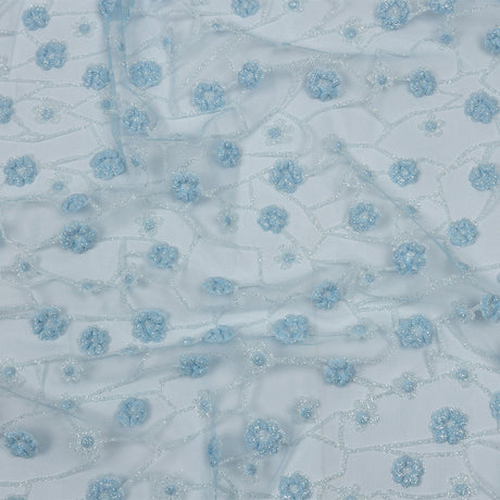 3D Puffy Glitter Tulle - Baby Blue and White Flowers and Geometric Stems